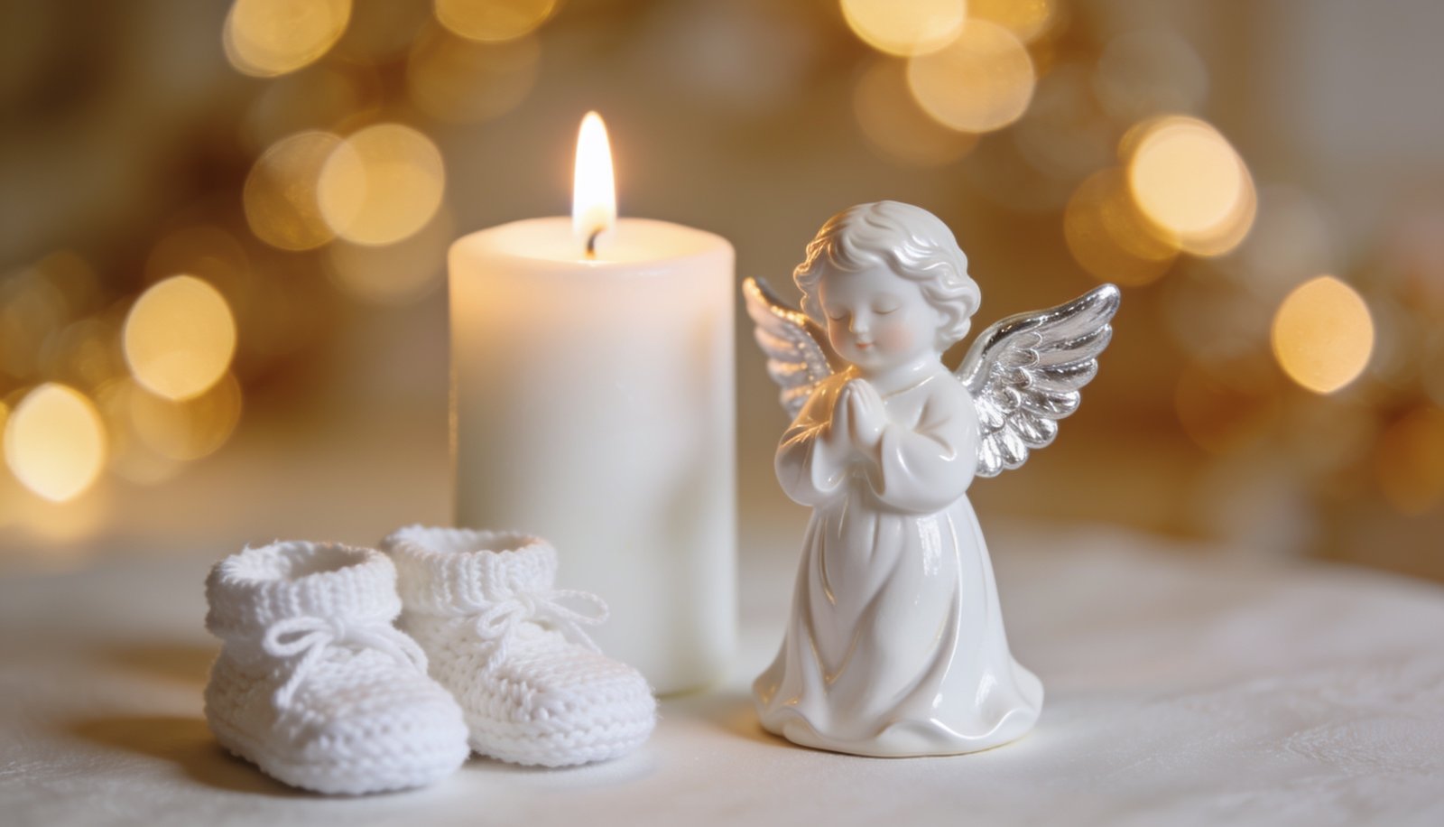 White angel figurine with baptism candle and baby booties