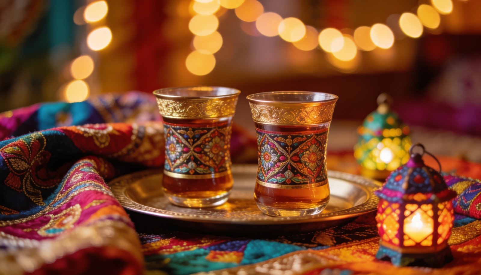 Ornate traditional tea glasses with colourful fabrics and lanterns