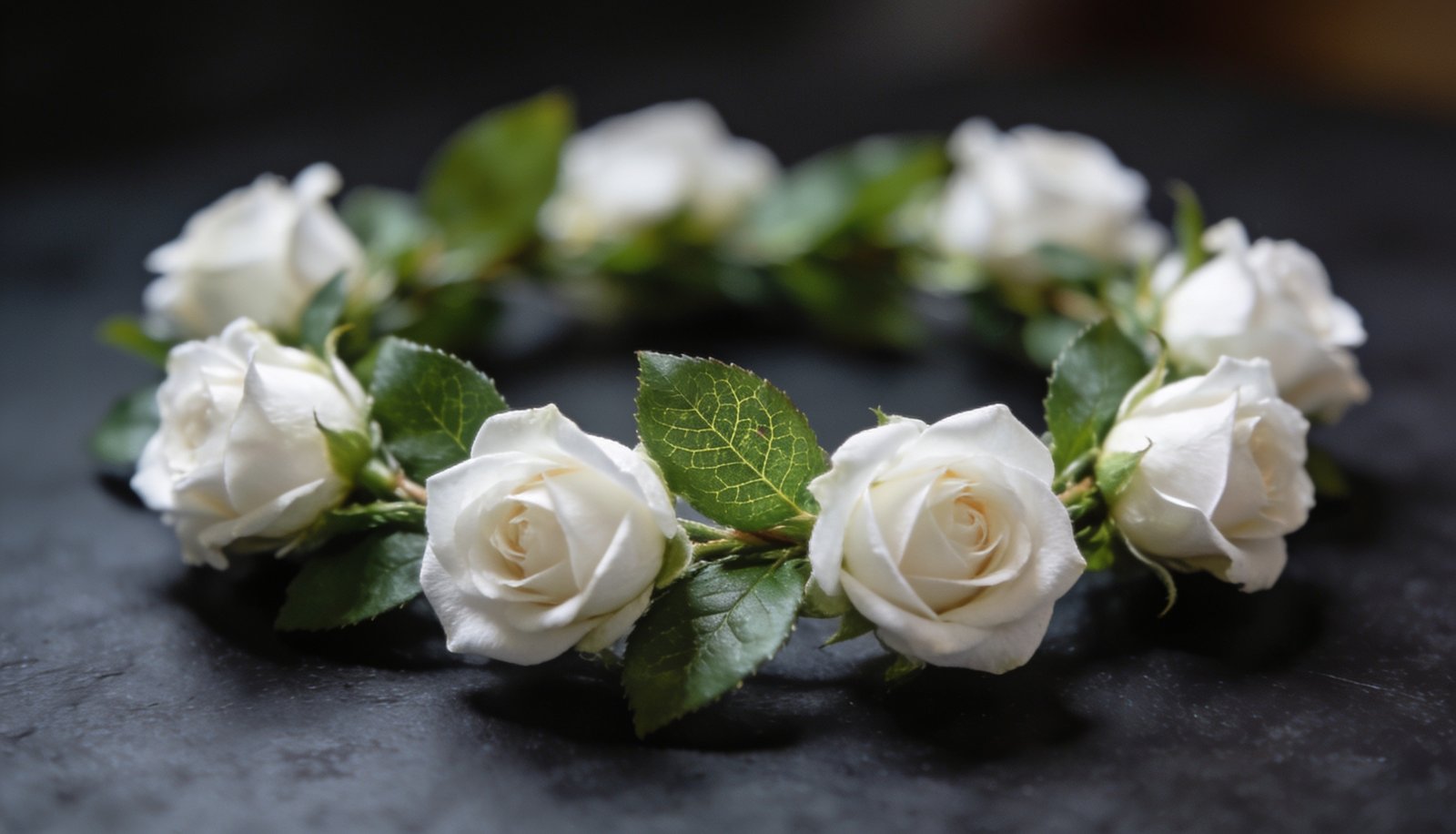 Wreath of white roses on a dark surface